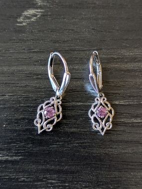 Vintage-Inspired Silver Filigree Earrings with Pink Sapphire